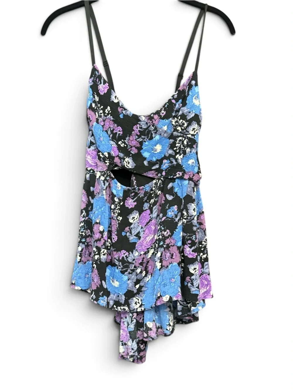Vintage FREE PEOPLE Floral Midnight  Peplum Cut-Out Crisscross Back Tank Size L